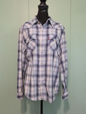 Levi's Light Blue White Plaid 100% Cotton Pearl Snap Button-Up Shirt Size Large